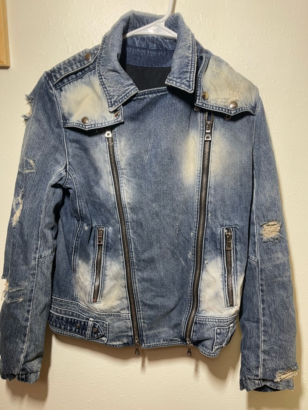 BALMAIN PARIS Blue Distressed Destructed Denim Moto Biker Jacket Size L